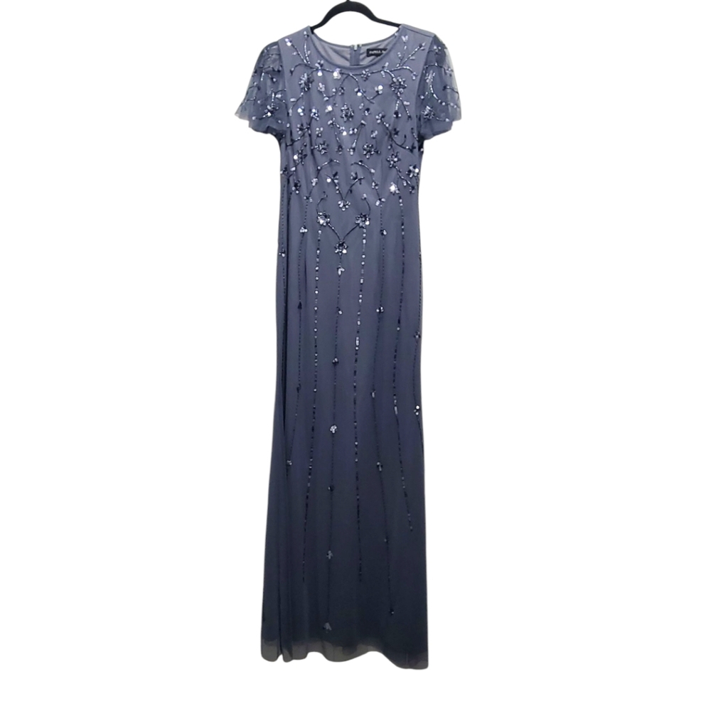 Adrianna Papell Women's Formal Dress Size 6 Dusty‎ Blue Beaded Short Sleeve Gown - Picture 6 of 17